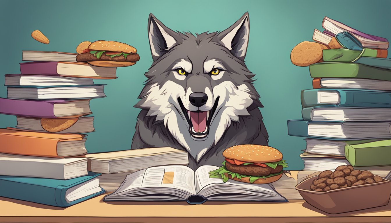 A wolf snarling at a pile of Beyond Meat patties, surrounded by scientific and medical textbooks