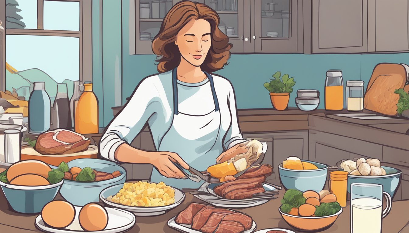 A postmenopausal woman preparing and consuming a meal consisting of various meats, eggs, and dairy products, with a focus on nutrient intake and dietary considerations for a carnivore diet