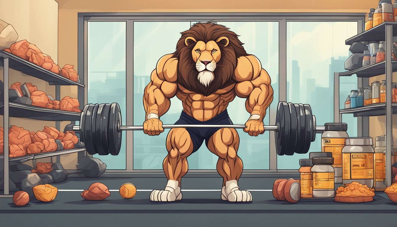 A muscular lion lifting weights in a gym, surrounded by raw meat and protein supplements