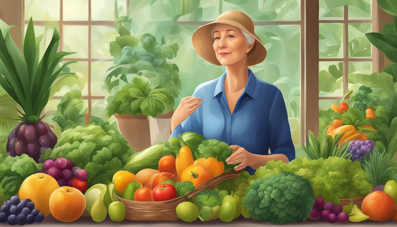 A serene and content postmenopausal woman enjoying a variety of colorful fruits and vegetables, surrounded by vibrant plants and natural elements