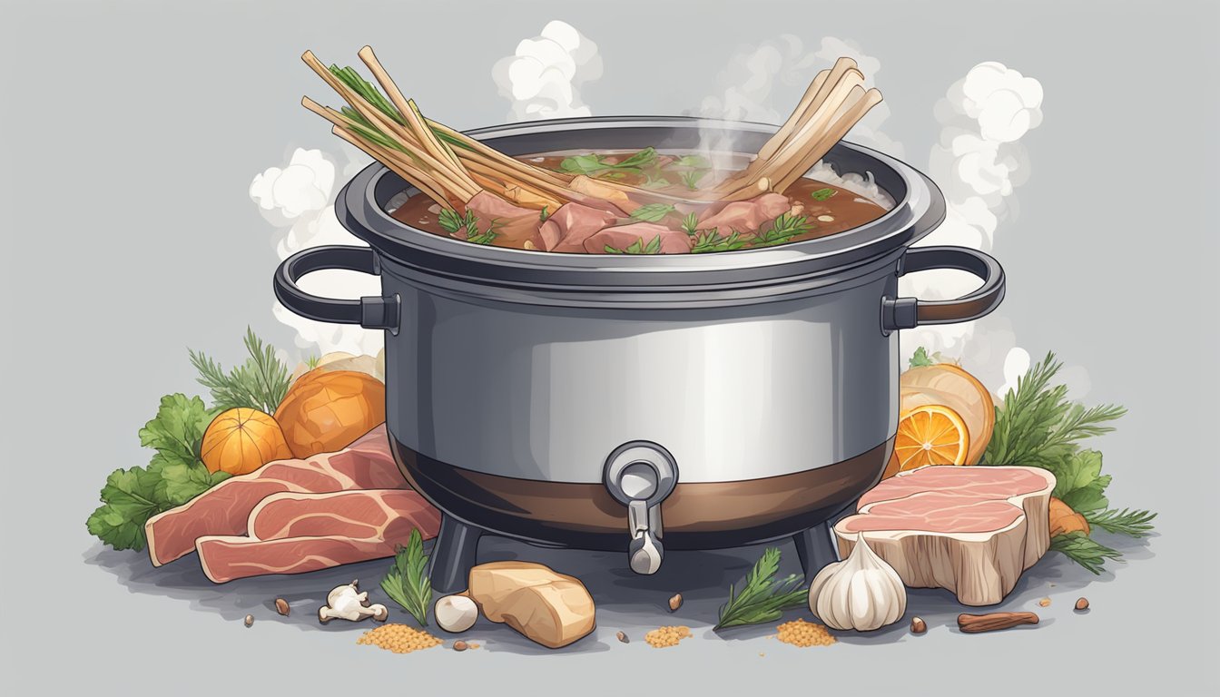 A simmering pot of bone broth surrounded by fresh, raw meat and bones. Steam rises from the pot as the rich aroma fills the air