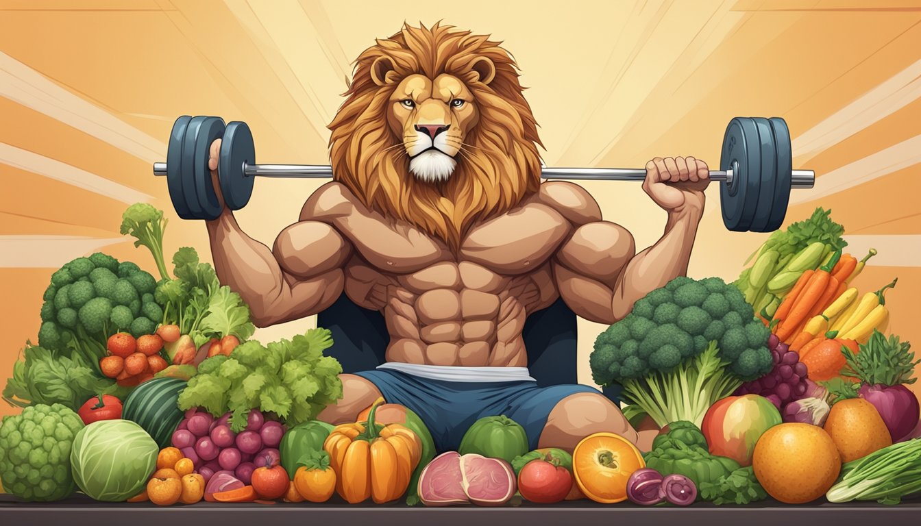 A muscular lion feasting on a large piece of raw meat, surrounded by various fruits and vegetables, with a weightlifting bench and dumbbells in the background