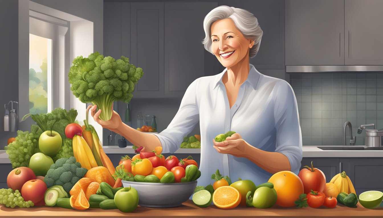 A postmenopausal woman enjoying a variety of fresh fruits, vegetables, and lean meats, with a healthy glow to her skin and a satisfied expression