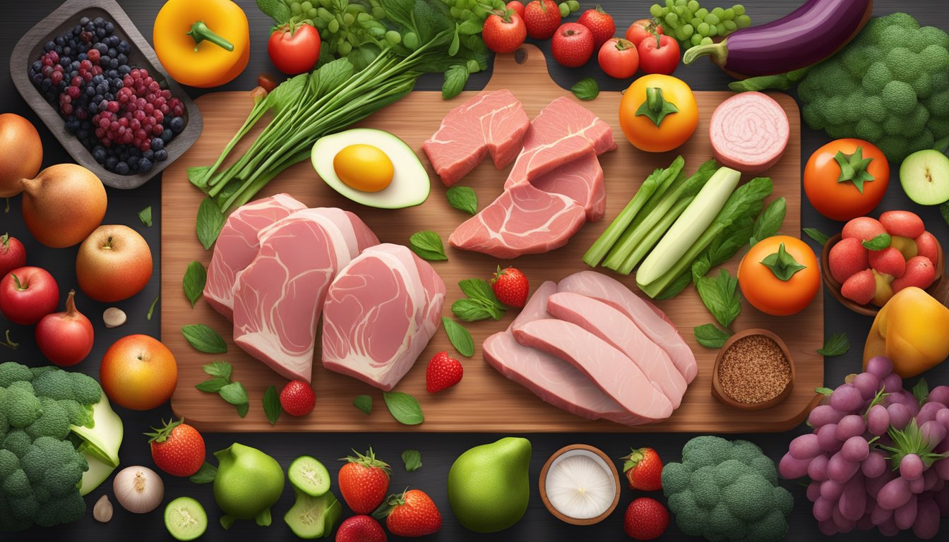 A variety of fresh, high-quality meats and animal products arranged on a wooden cutting board, surrounded by vibrant fruits and vegetables