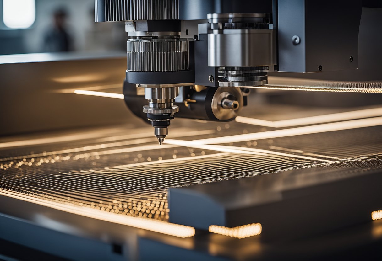 A laser engraving machine etches intricate designs onto metal, wood, and plastic with precision and speed. The machine's powerful laser beam is controlled by advanced software, creating a mesmerizing display of light and shadow