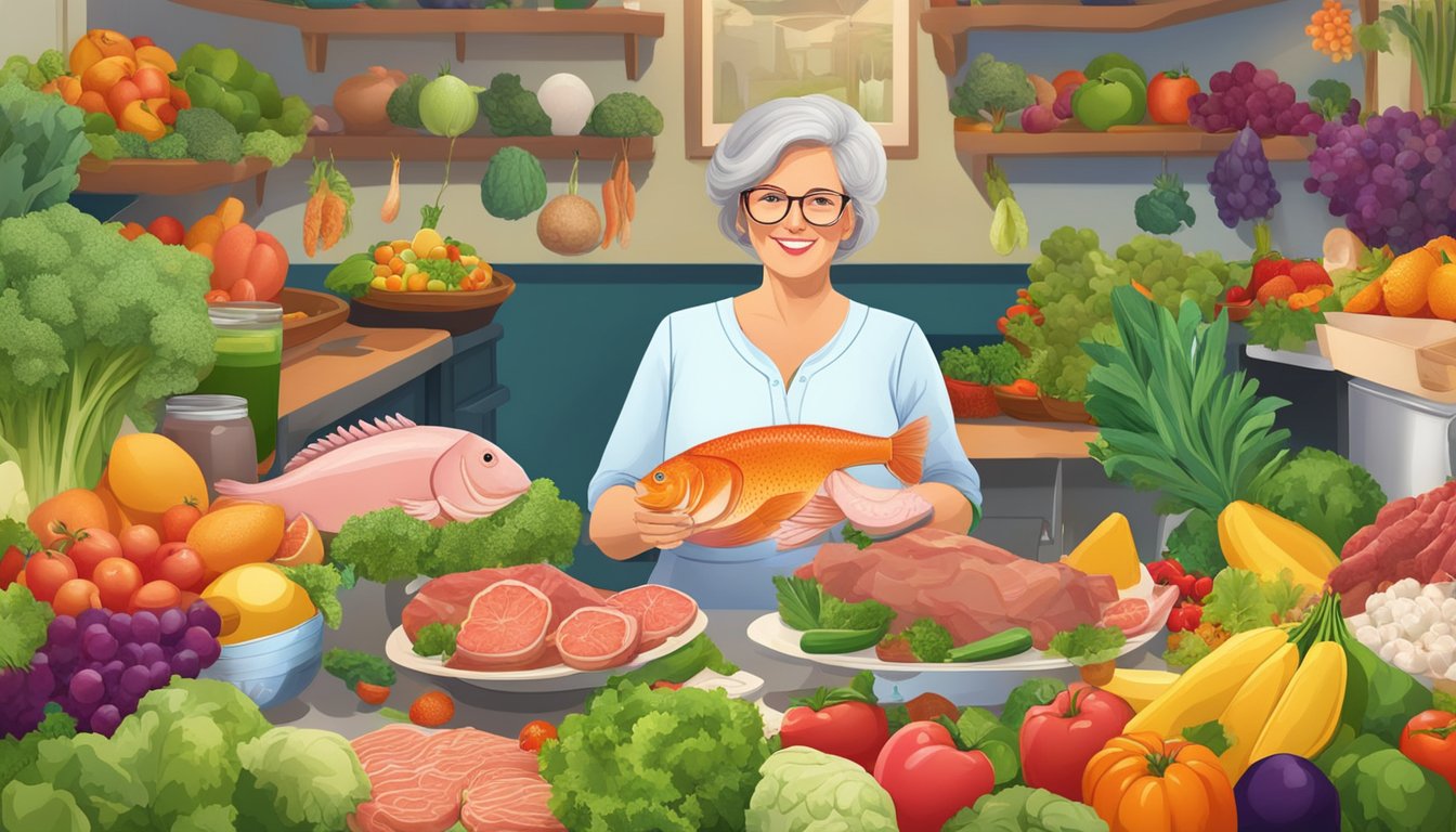 A postmenopausal woman enjoying a variety of meats, fish, and eggs while surrounded by vibrant fruits and vegetables