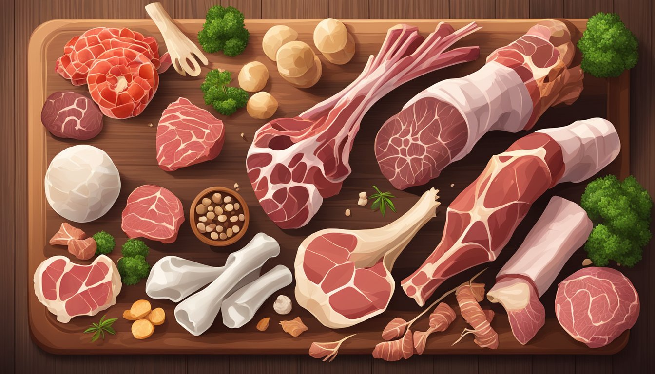 A pile of assorted bones, including large beef and chicken bones, surrounded by fresh cuts of meat and organ meats on a wooden cutting board