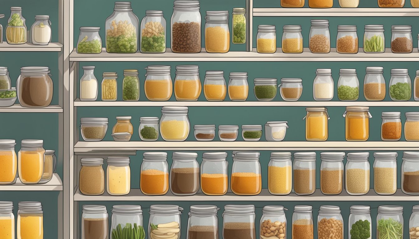 A shelf with jars of bone broth, surrounded by fresh bones and vegetables, all neatly organized and labeled for proper storage and preservation