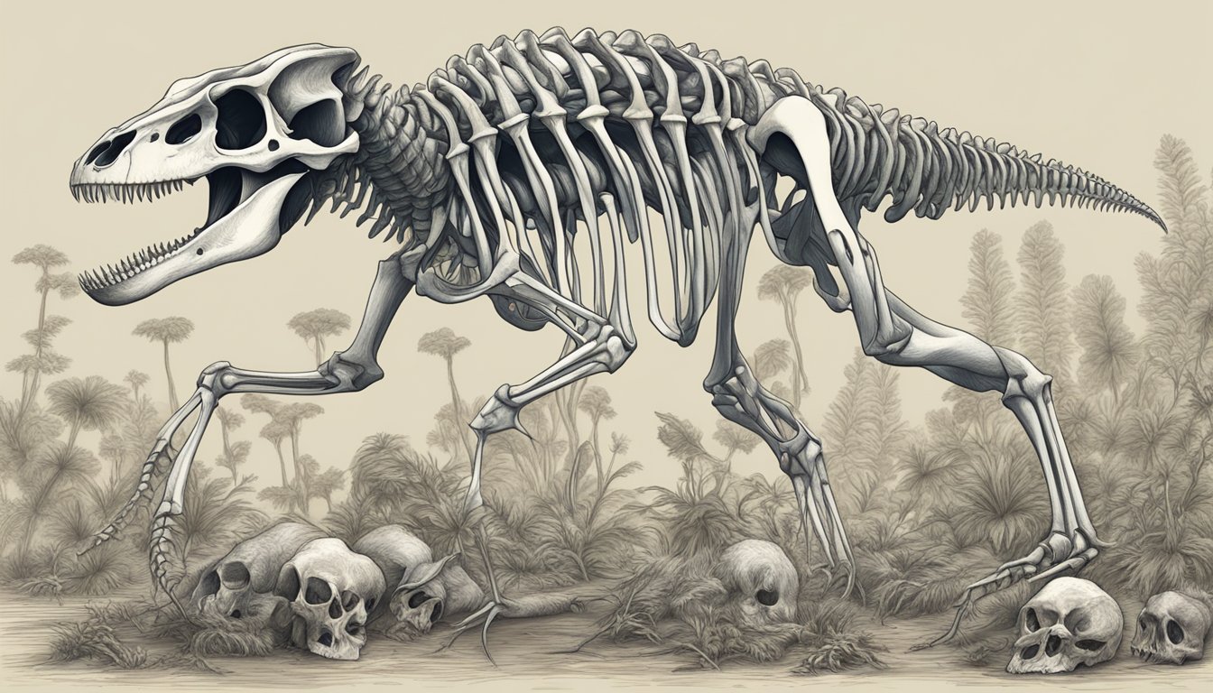 A carnivorous animal surrounded by bones, with a focus on the skeletal structure