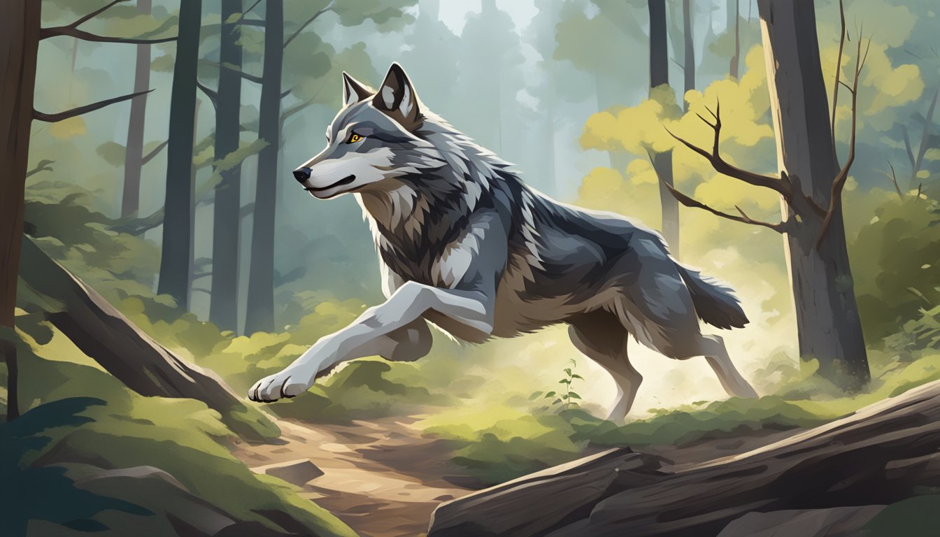 A wolf running through a forest, leaping over fallen trees and rocky terrain, showcasing strength and agility