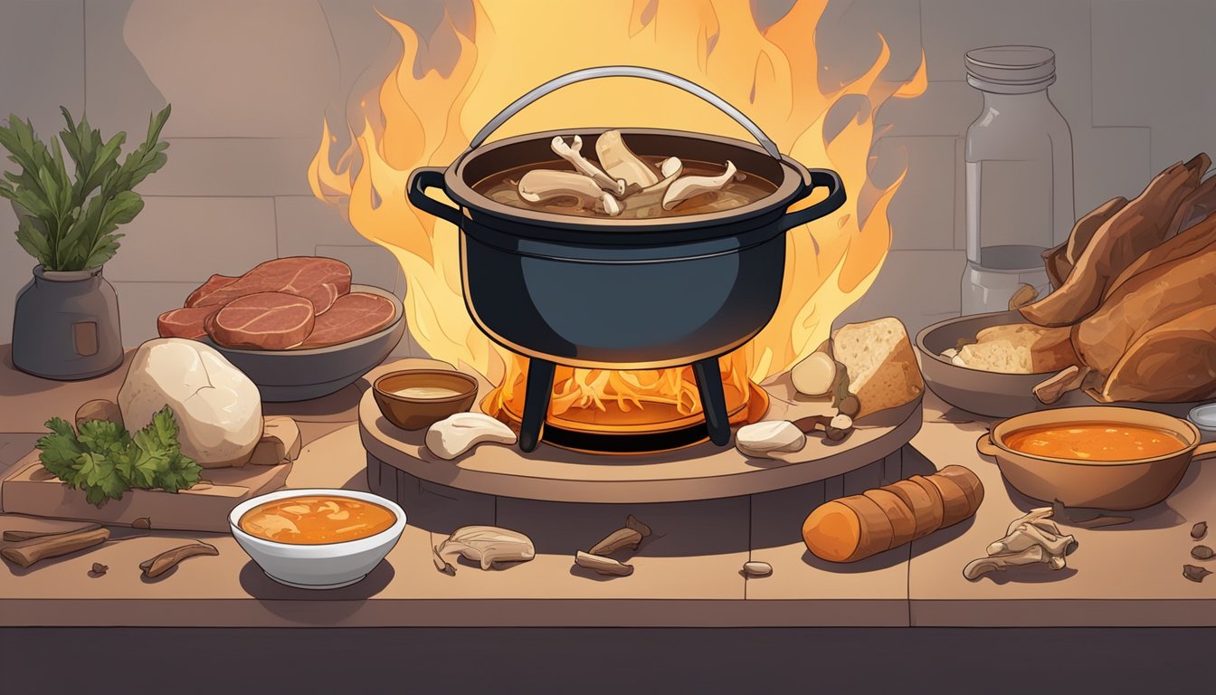 A pot simmering with bone broth over an open flame, surrounded by various bones and meat scraps