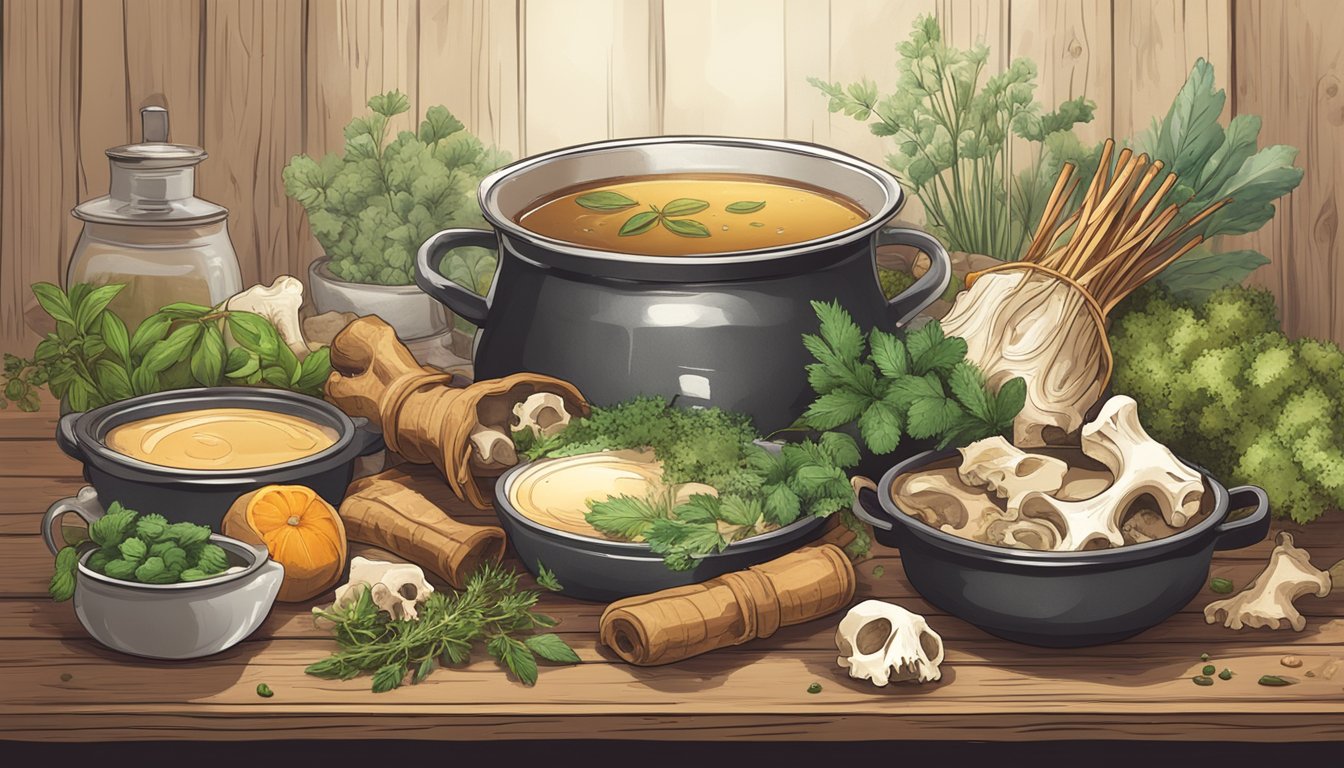 A simmering pot of bone broth surrounded by various bones and herbs on a rustic wooden table