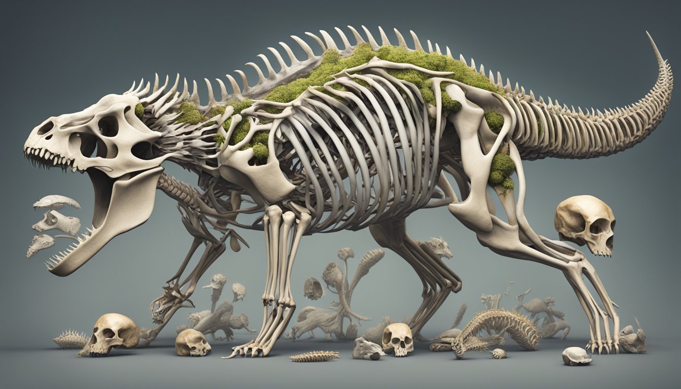 A large carnivorous animal surrounded by bones, representing the impact of the carnivore diet on bone density