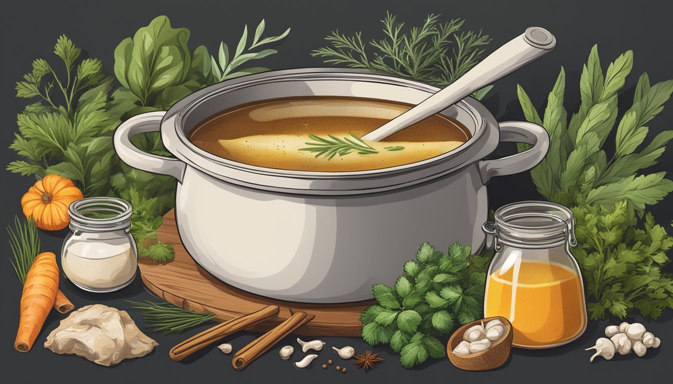 A simmering pot of bone broth surrounded by fresh herbs and spices, emitting a rich and savory aroma