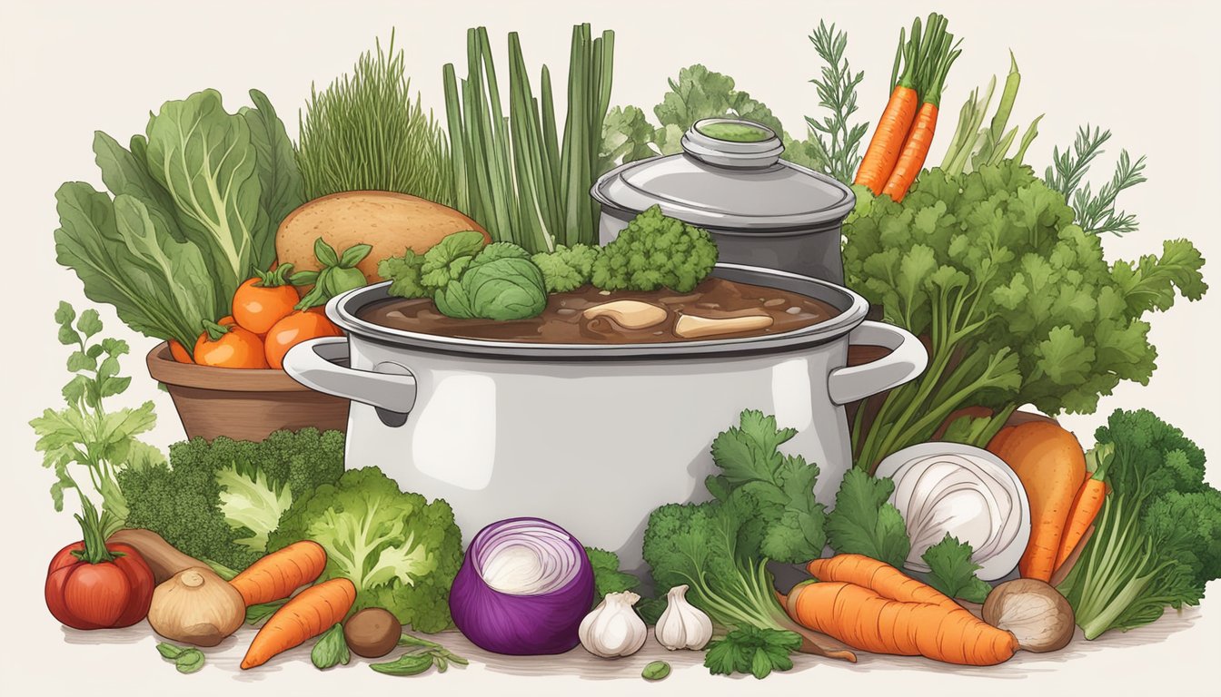 A steaming pot of bone broth surrounded by an assortment of fresh vegetables and herbs, ready to be incorporated into a carnivore diet meal plan