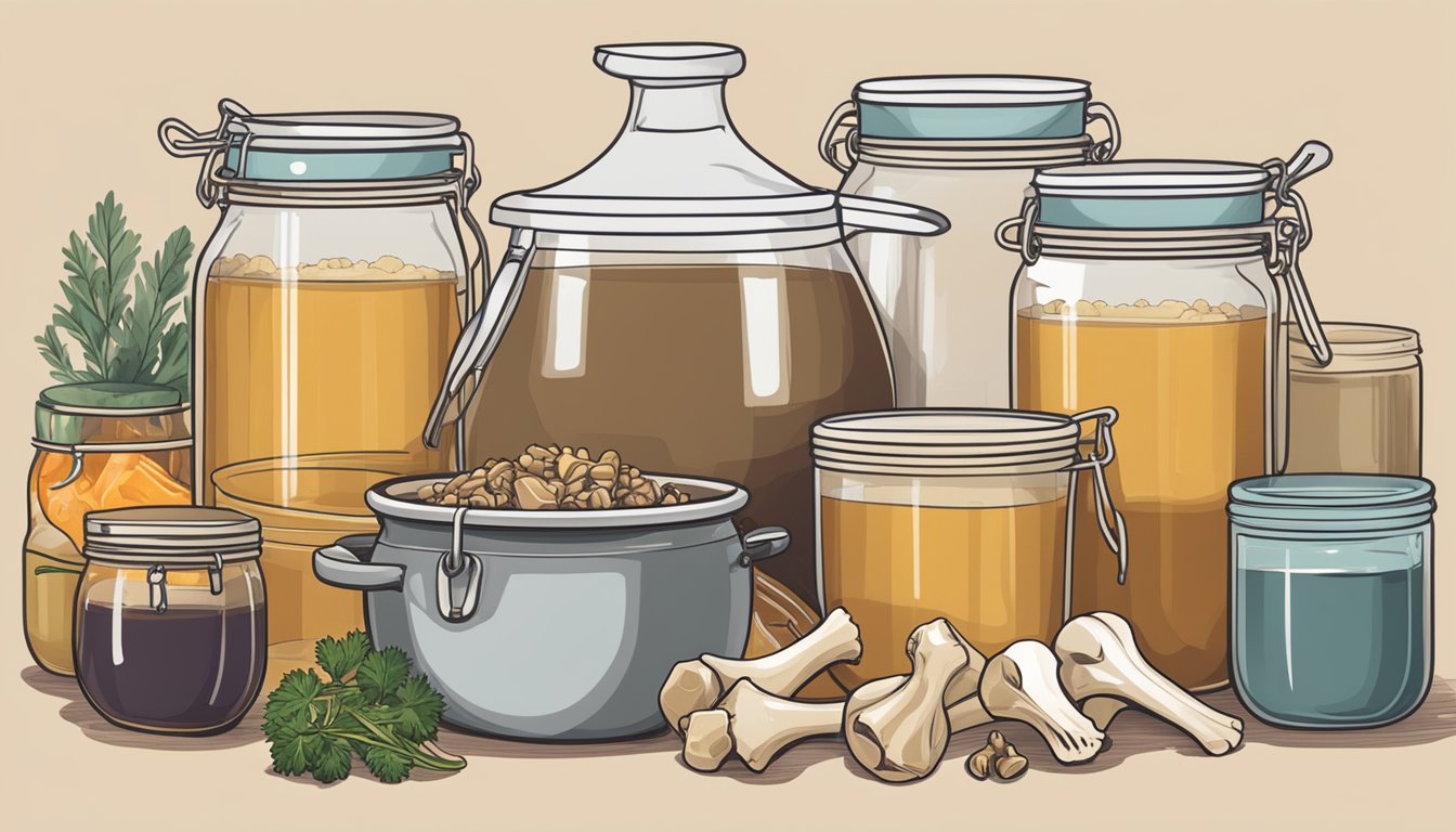 A simmering pot of bone broth surrounded by jars of preserved broth and various bones