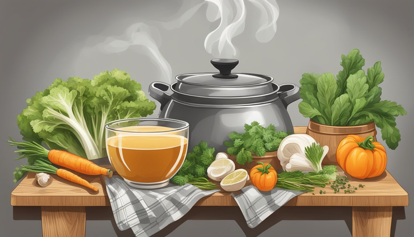 A steaming pot of bone broth surrounded by fresh vegetables and herbs on a wooden cutting board