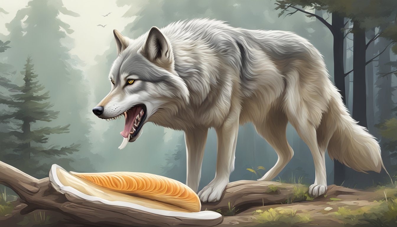 A wolf gnaws on a large bone, extracting nutritious marrow