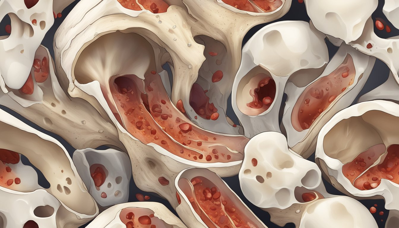 A large bone split open, revealing rich, creamy marrow inside, surrounded by scattered bone fragments and a few drops of blood