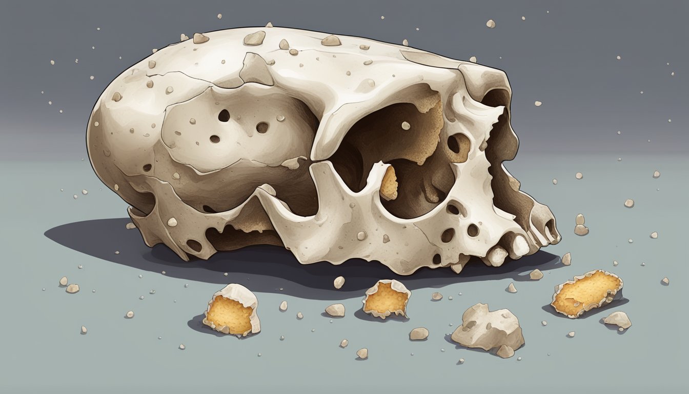 A large, cracked bone with rich, fatty marrow oozing out, surrounded by scattered bone fragments and a few scattered droplets of blood