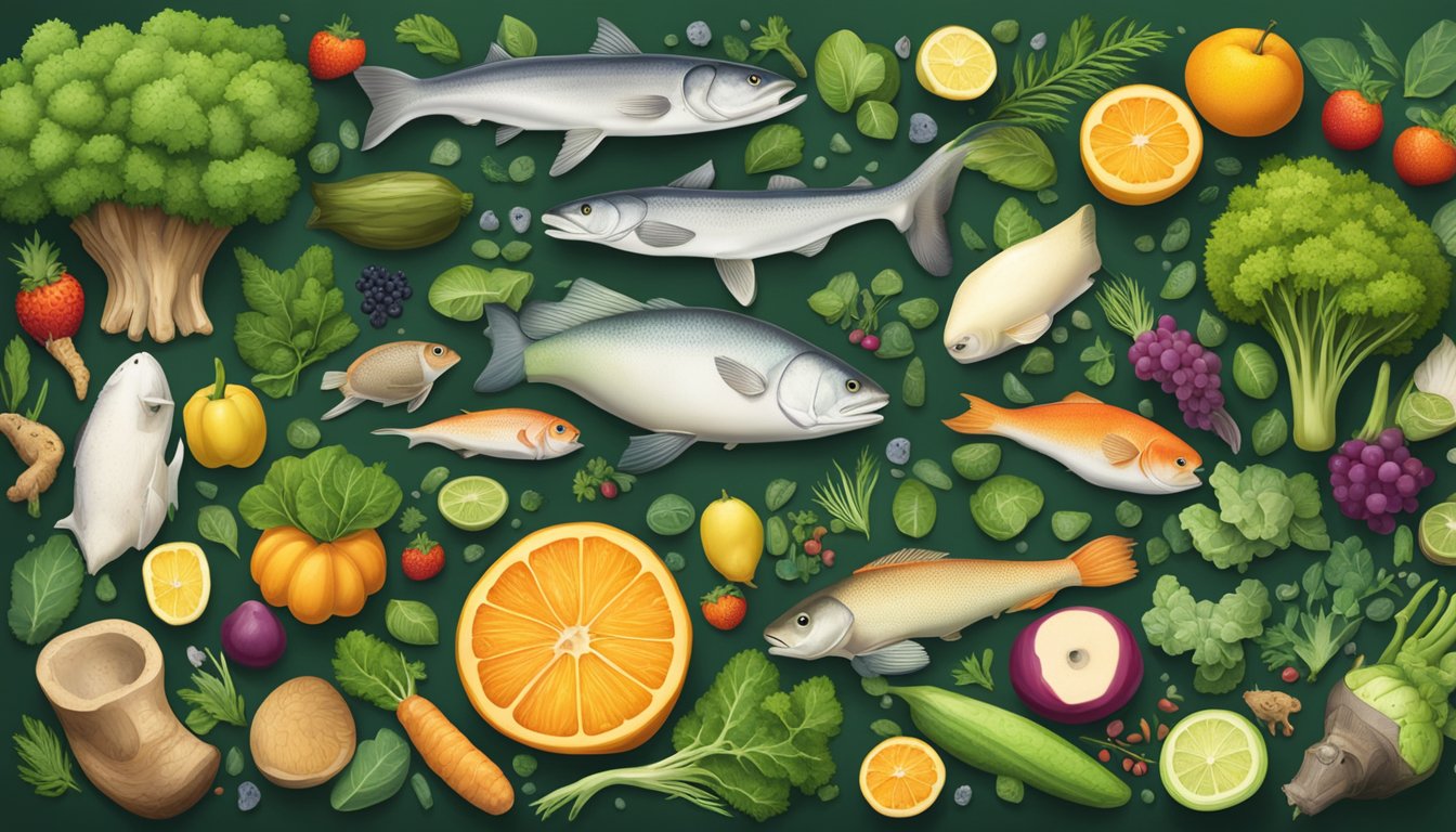 A variety of bones, including those of small animals and fish, scattered around a lush green forest floor, surrounded by fresh fruits and vegetables