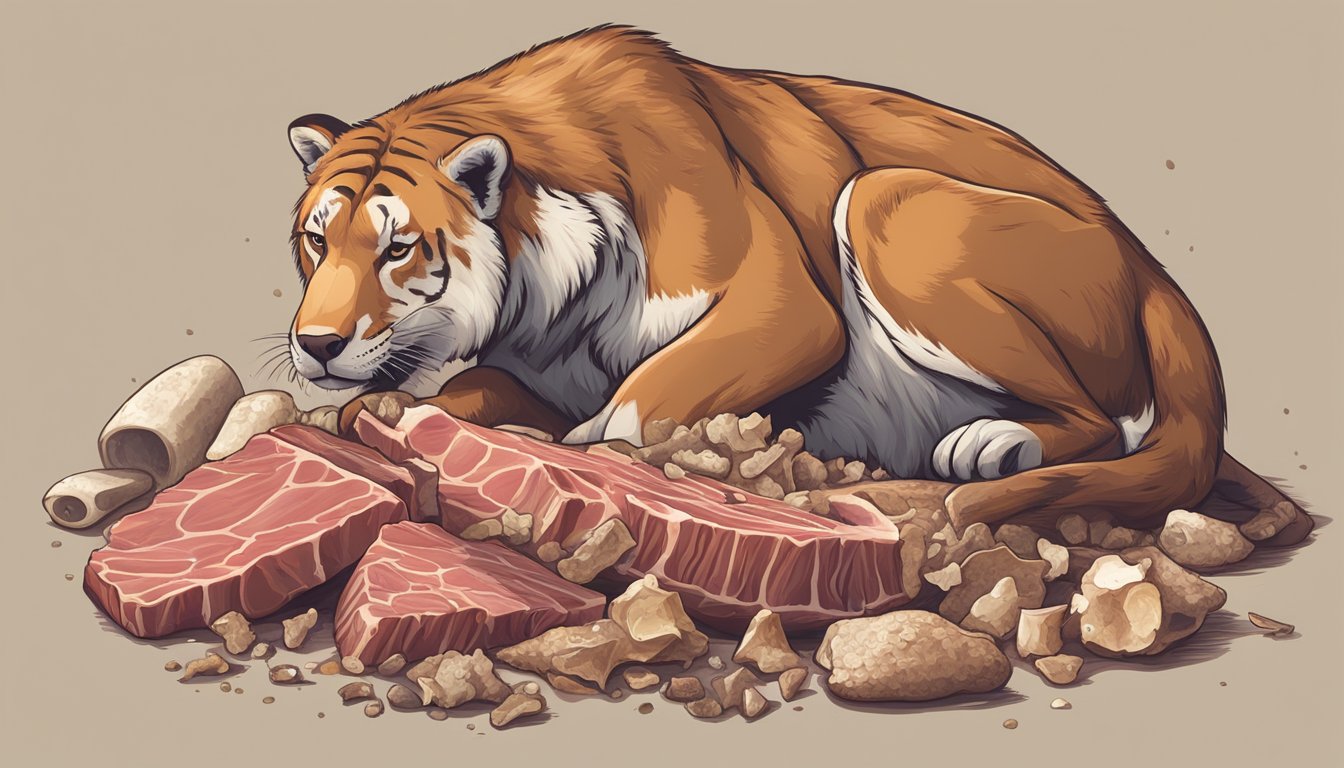 A carnivore animal gnawing on a large bone, surrounded by scattered bone fragments and a pile of raw meat