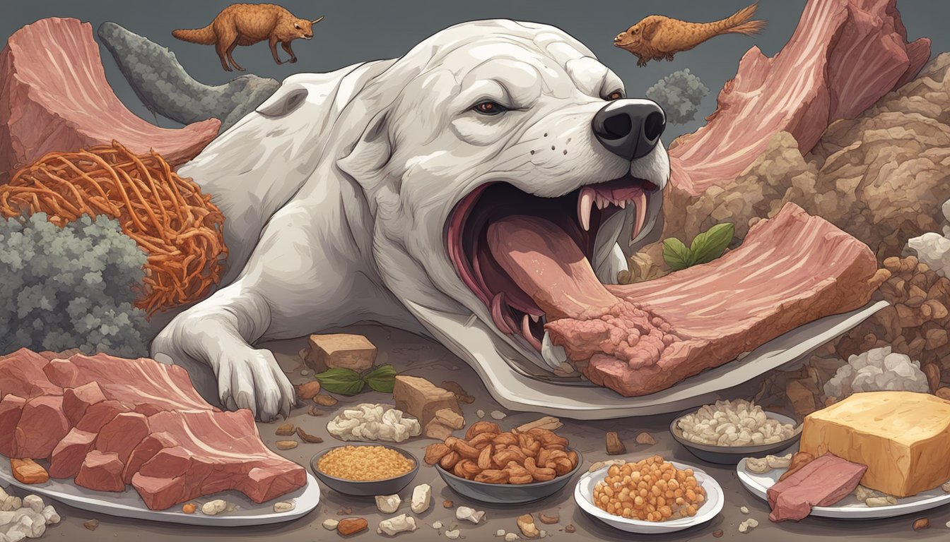 A carnivorous animal gnawing on a large bone, surrounded by scattered bone fragments and a pile of fresh meat