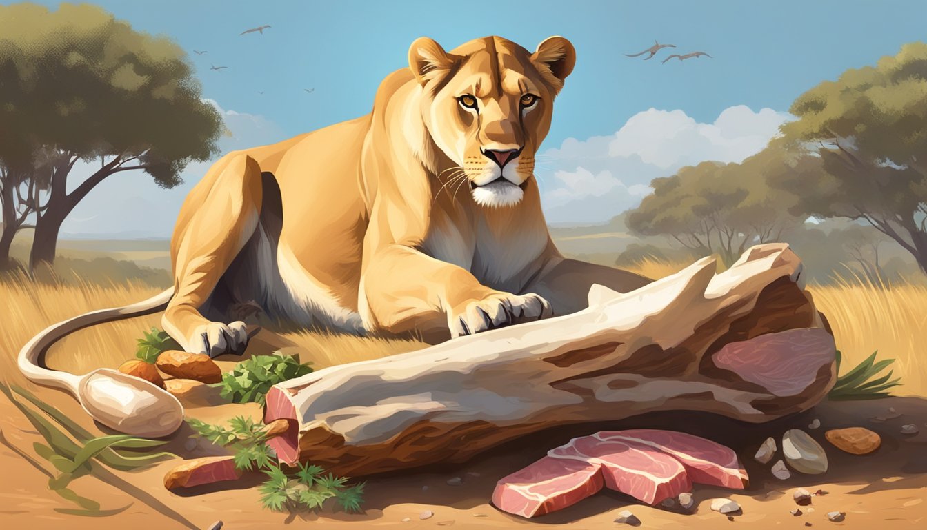 A lioness gnaws on a large bone, surrounded by a variety of fresh meat. The sun shines down on the savannah, highlighting the raw and natural diet of a carnivore