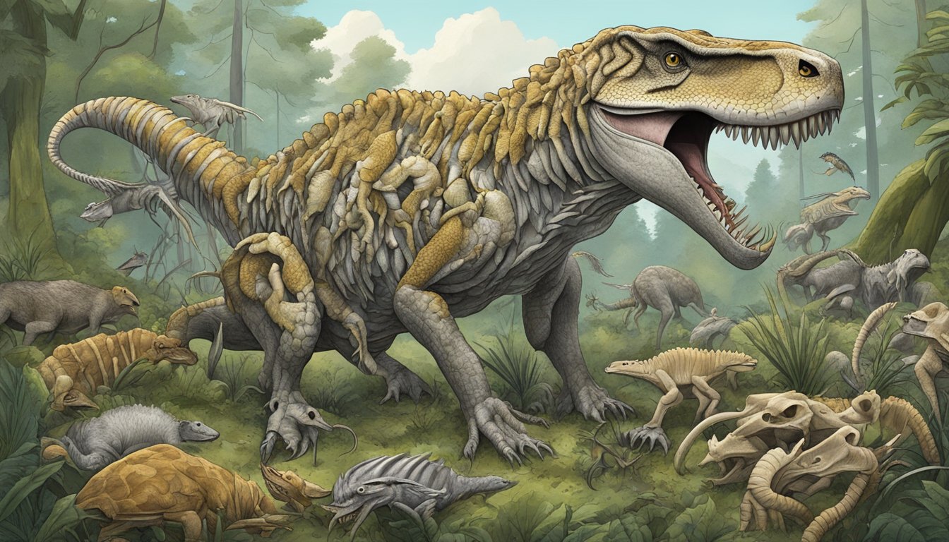 A carnivorous animal surrounded by a variety of bones, including those of prey, in a natural setting