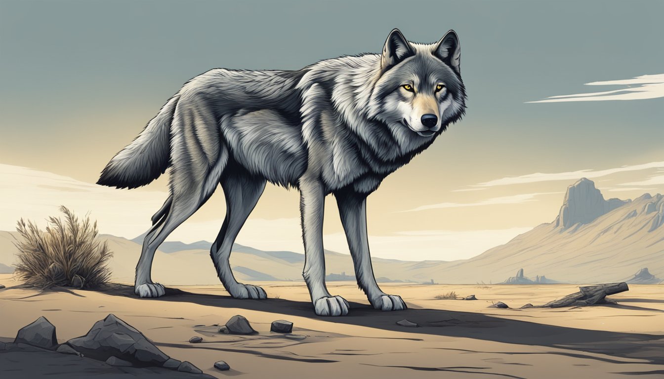 A lone wolf scavenging for bones in a desolate landscape