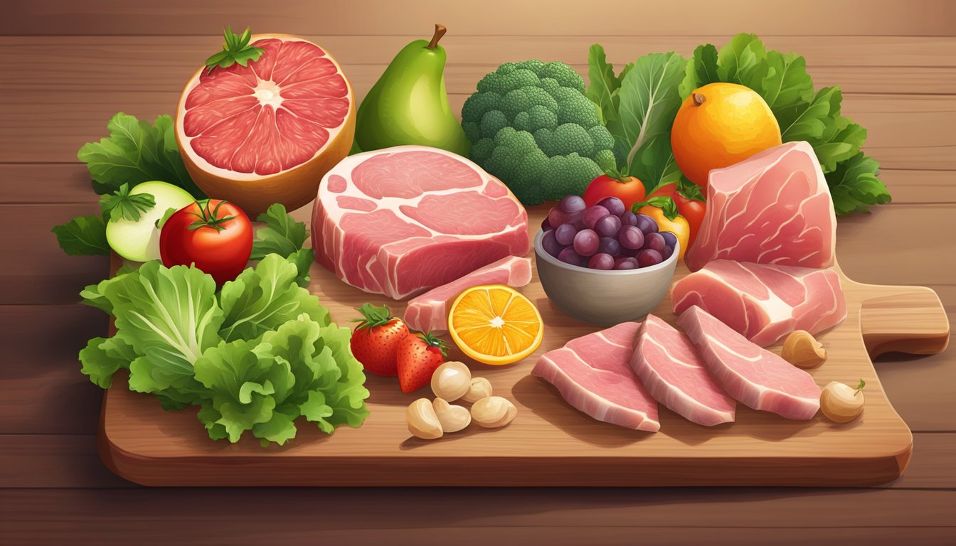 A variety of fresh and raw meats arranged on a wooden cutting board, surrounded by vibrant green leafy vegetables and colorful fruits