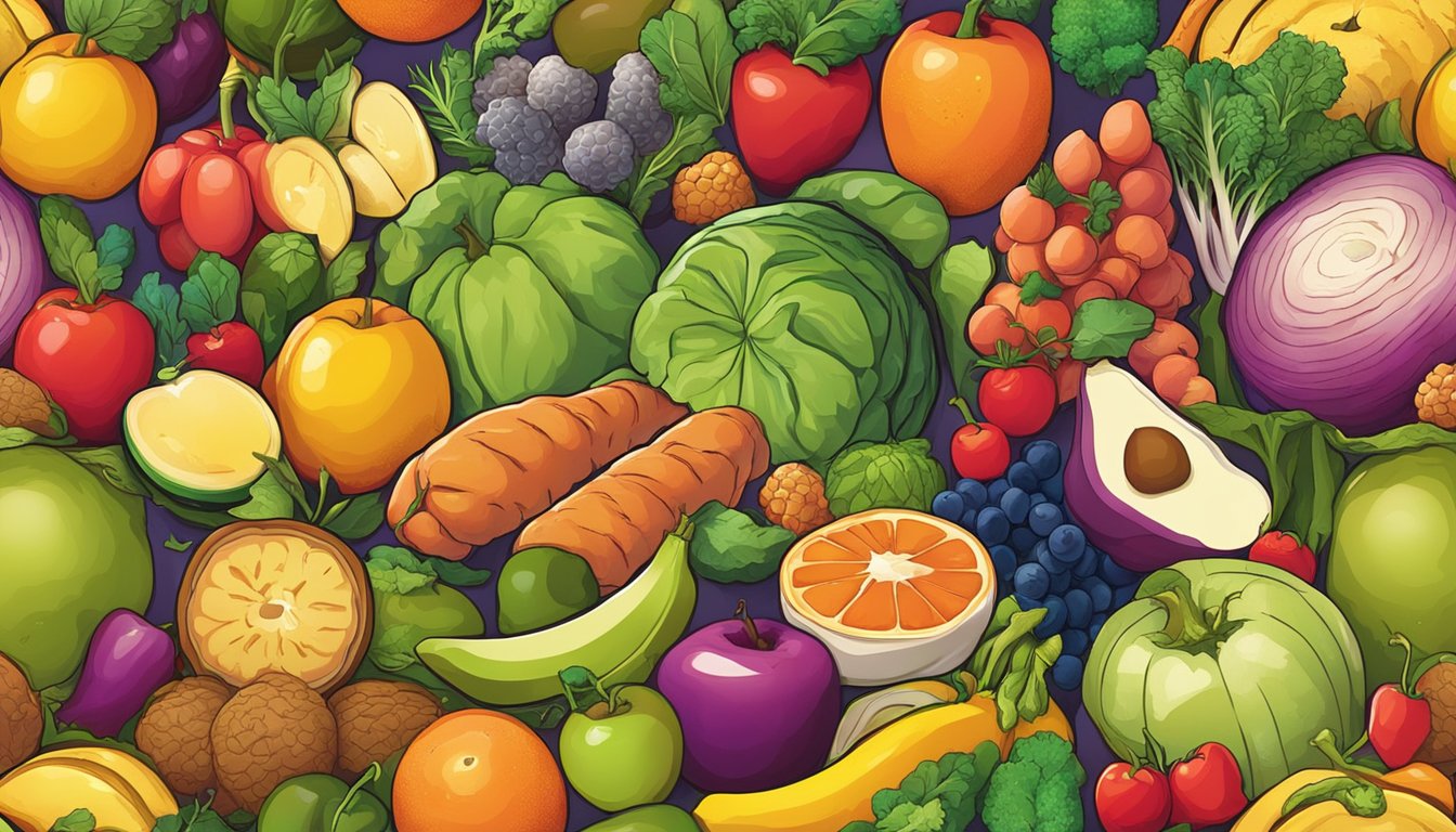 A vibrant, colorful illustration of various fruits, vegetables, and lean meats arranged in a balanced and visually appealing composition