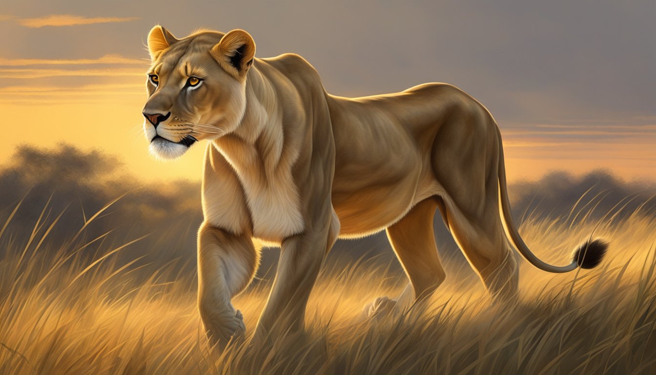 A lioness prowls through a grassy savanna, her powerful muscles rippling beneath her sleek coat as she hunts for prey. The golden light of the setting sun casts a warm glow over the landscape