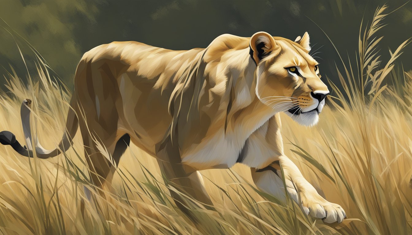 A lioness prowls through tall grass, stalking her prey with intense focus. Her powerful muscles ripple beneath her sleek, golden coat as she prepares to pounce