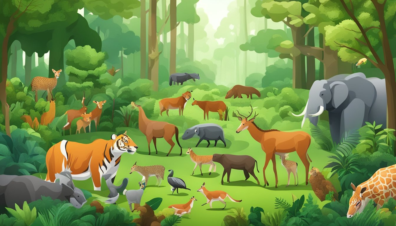 A lush green forest with a variety of wild animals feeding on fresh, raw meat. The animals are strong and healthy, showcasing the benefits of a carnivore diet on cellular health