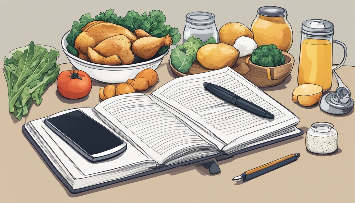 A kitchen counter with various cuts of chicken, cookbooks, and a calculator for budgeting