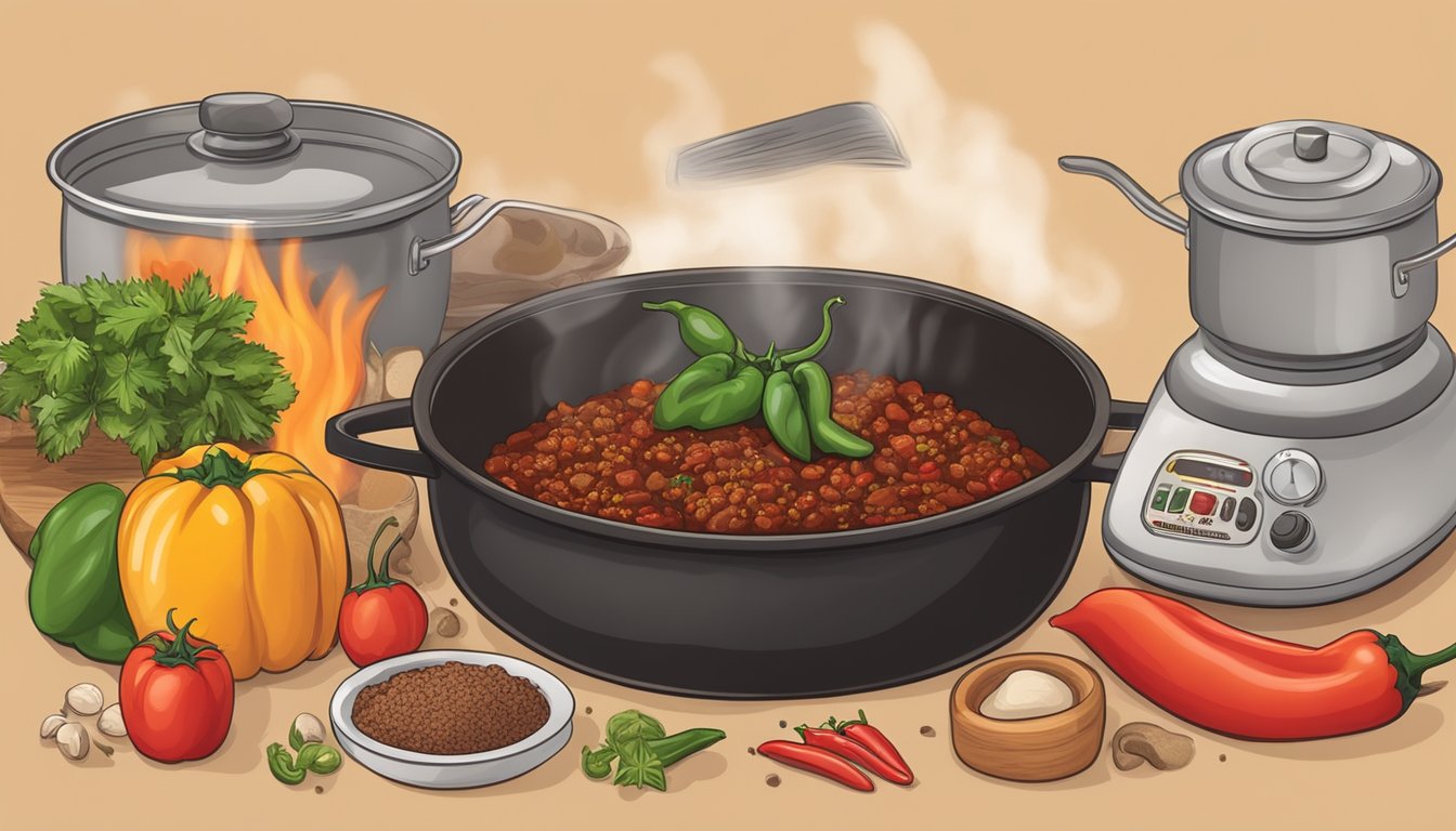 A simmering pot of chili surrounded by fresh ingredients like ground beef, tomatoes, peppers, and spices on a kitchen counter