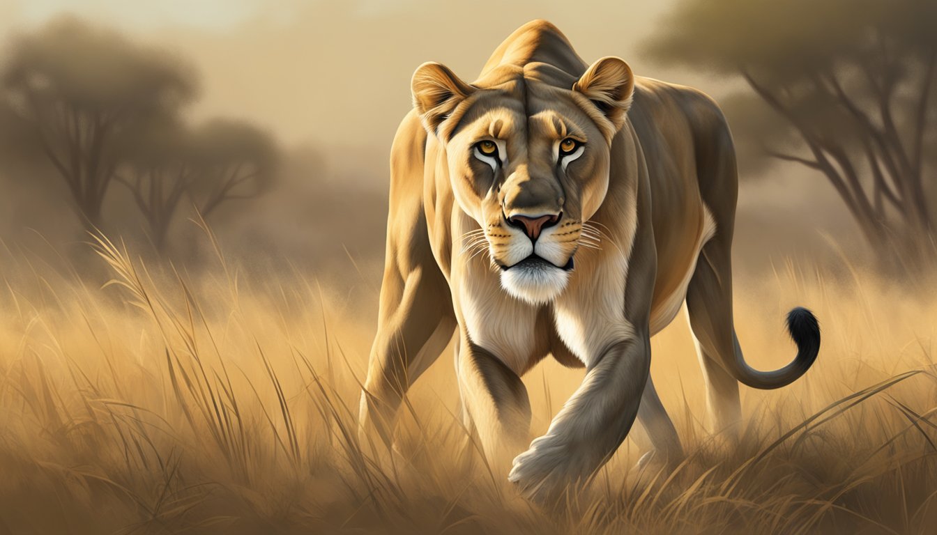 A lioness prowls through a savanna, hunting for prey. Her sleek muscles and sharp teeth showcase the benefits of a long-term carnivore diet for cellular health and adaptation