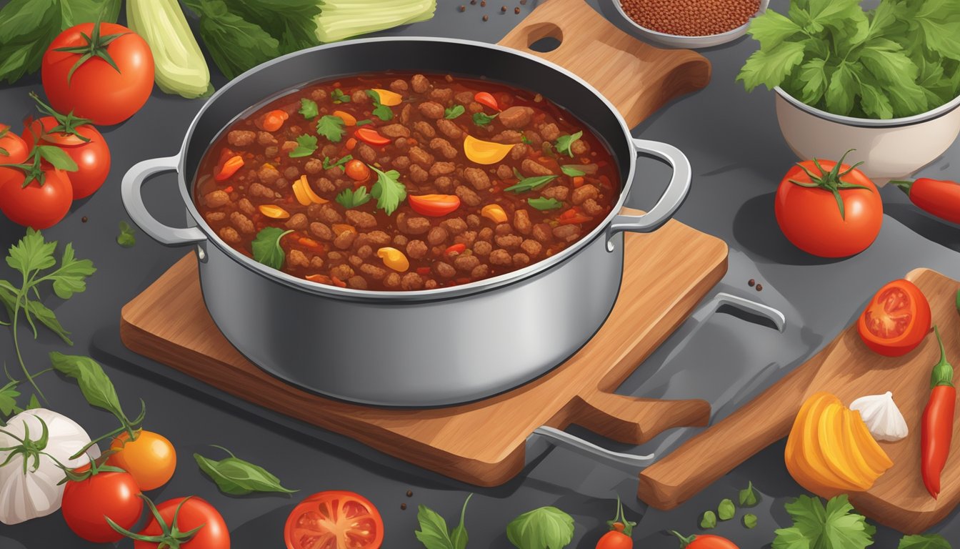 A pot simmering on a stove, filled with chili ingredients like ground beef, tomatoes, and spices. Chopped vegetables and herbs scattered on a cutting board nearby