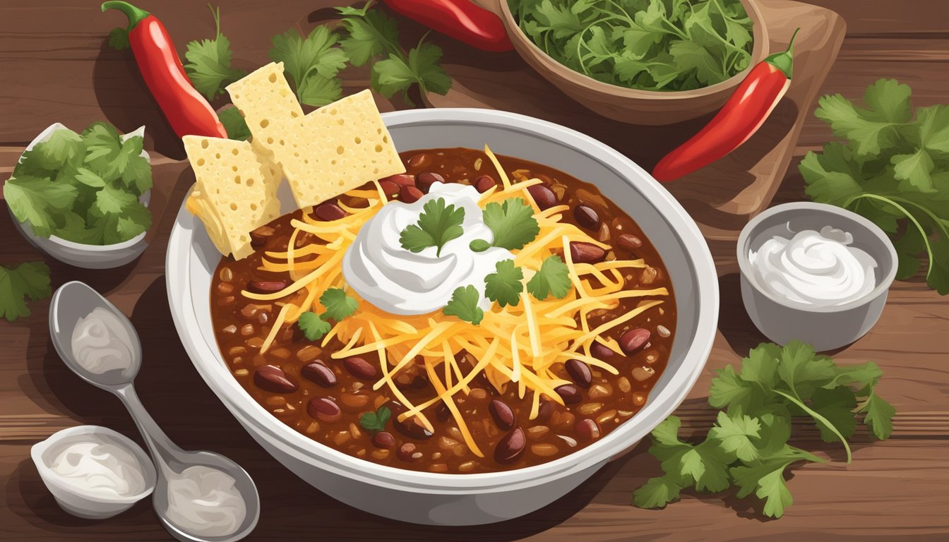 A steaming bowl of chili topped with shredded cheese, diced onions, and a dollop of sour cream, surrounded by fresh cilantro leaves and jalapeño slices