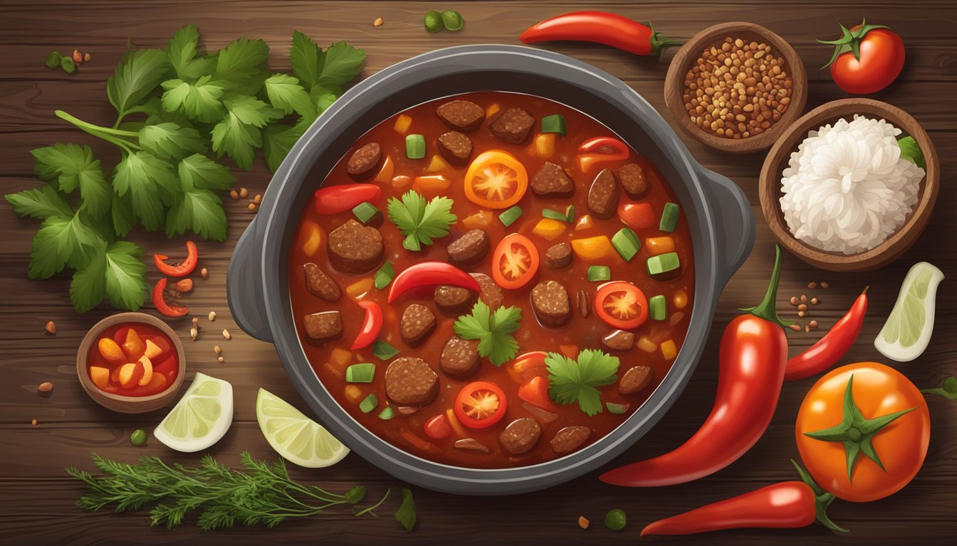 A steaming bowl of chili with chunks of meat, tomatoes, and spices, surrounded by fresh vegetables and herbs on a rustic wooden table