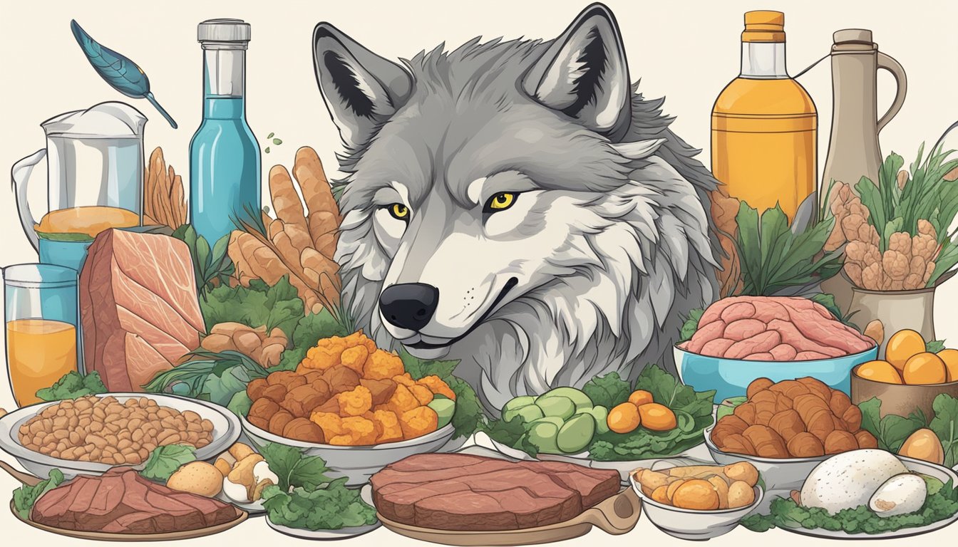 A wolf surrounded by various sources of protein, such as meat, fish, and eggs, with a decision to make