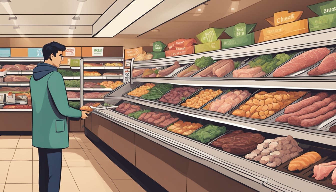 A person at a grocery store, selecting from a variety of meats including beef, chicken, and fish. They are comparing labels and considering their options