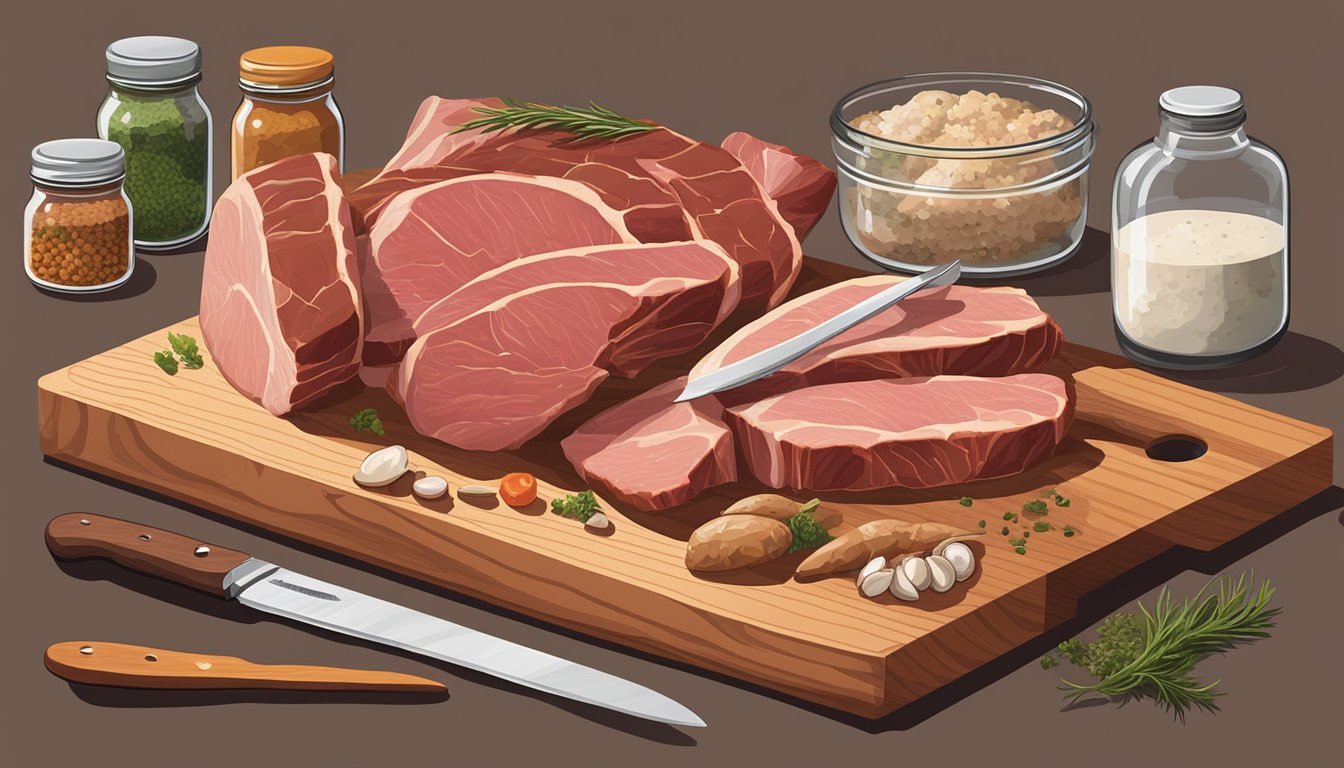 A variety of meats displayed on a wooden cutting board, including beef, pork, chicken, and fish. A chef's knife and seasoning jars are nearby