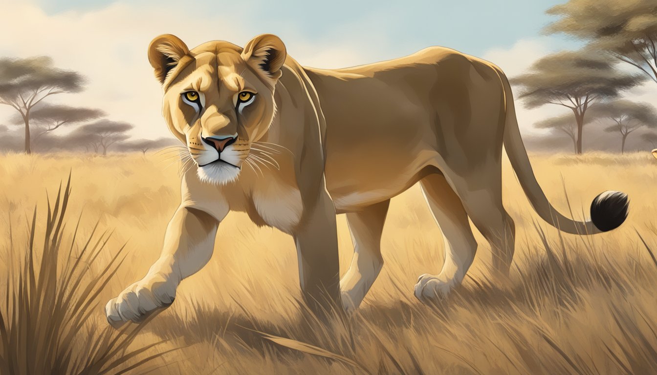 A lioness prowls through the savanna, eyes focused on her prey, showcasing the cognitive function benefits of the carnivore diet