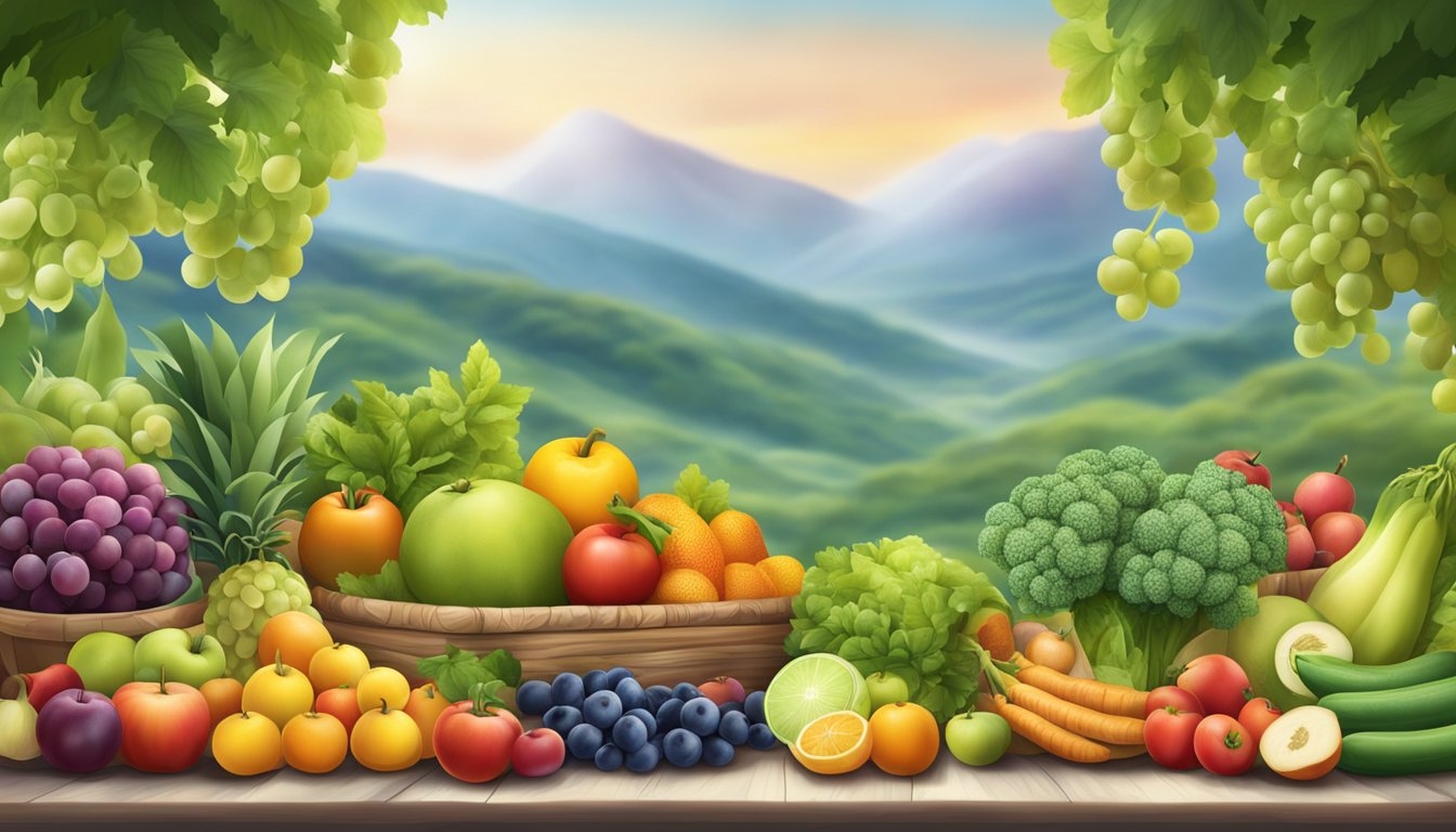 A serene and peaceful landscape with a variety of fresh, colorful fruits and vegetables arranged in an inviting display