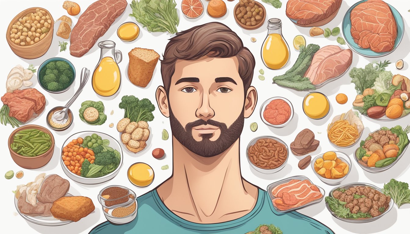 A person with a clear, focused mind while following a carnivore diet, surrounded by brain-boosting foods like meat, fish, and eggs