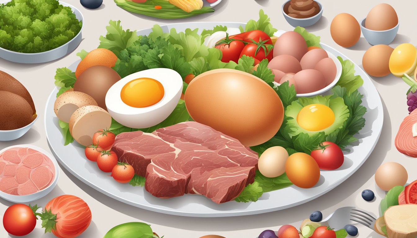 A variety of animal products such as eggs, liver, and meat arranged on a plate, surrounded by vegetables and fruits