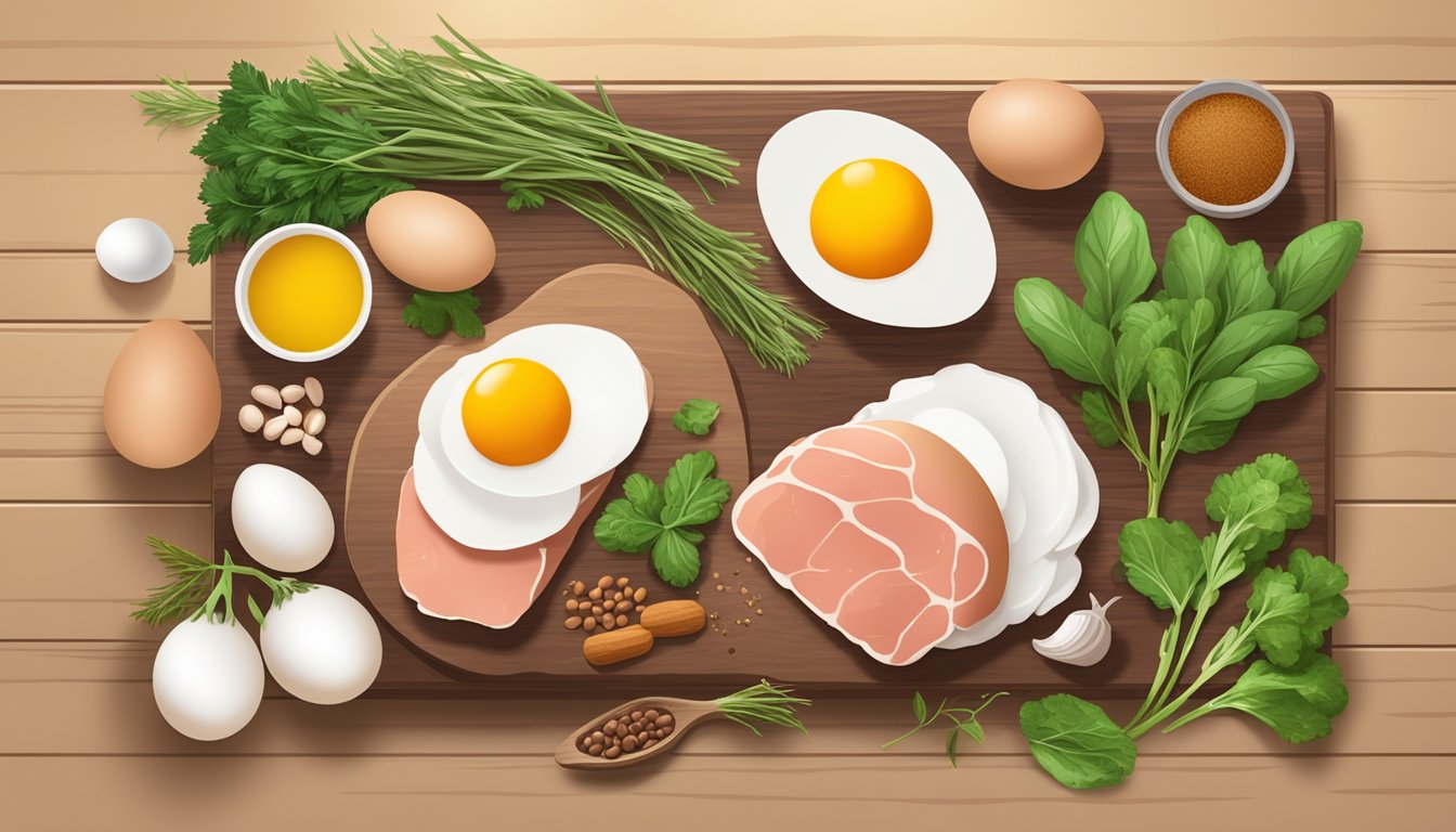 A variety of choline-rich foods such as eggs, liver, and beef are laid out on a wooden cutting board, surrounded by fresh herbs and spices