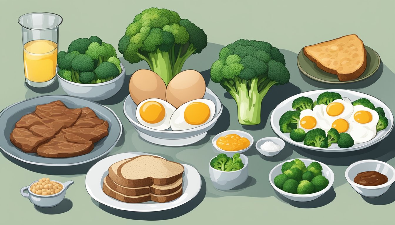 A table set with various choline-rich foods like eggs, liver, and broccoli, surrounded by debate and discussion